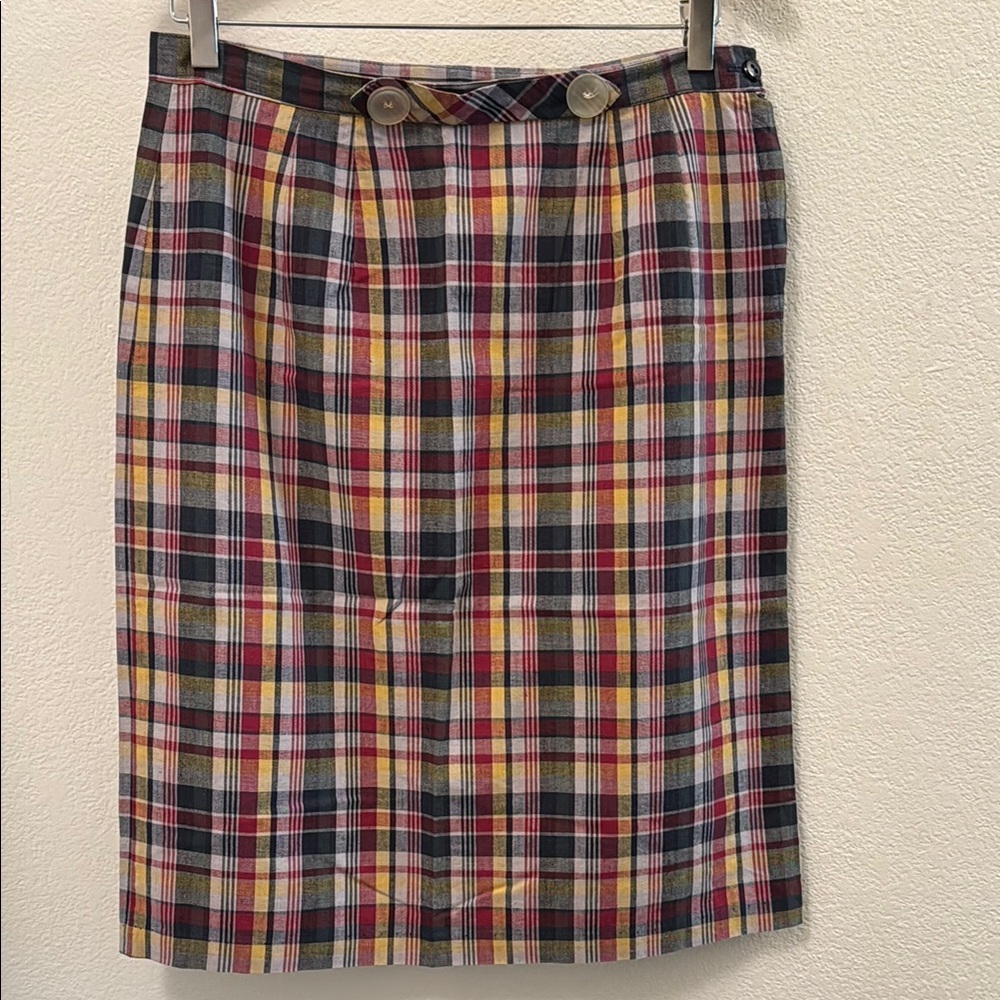 Blue and Red Knee-Length Pleated Pencil Skirt